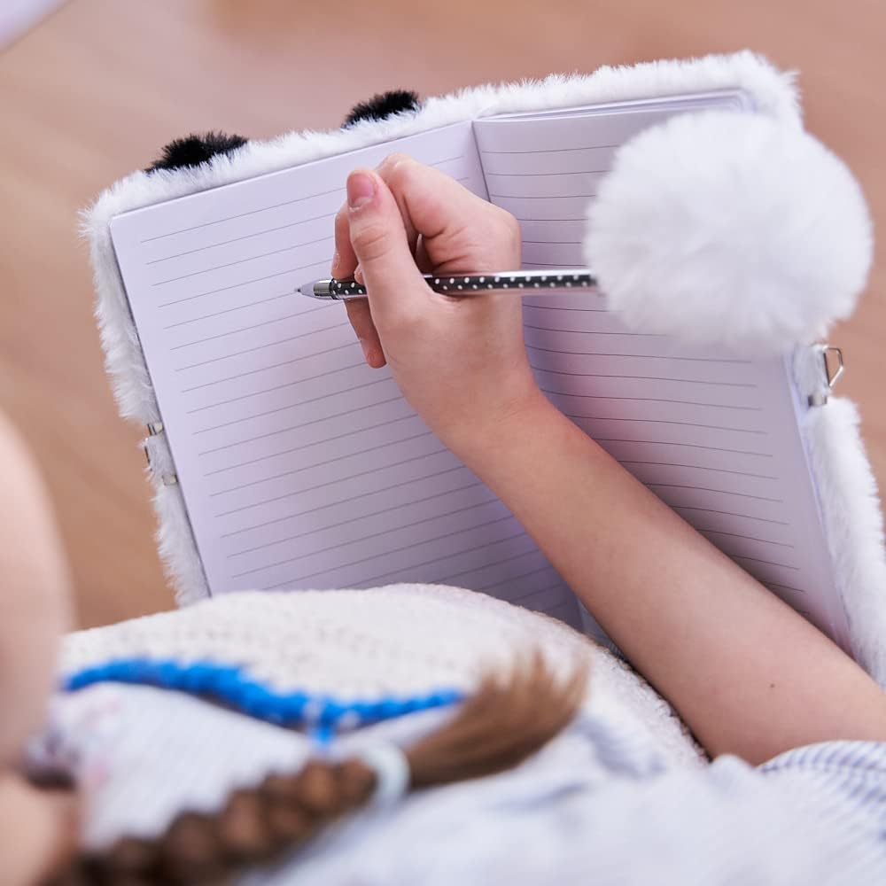 Diario Secreto con Candado - Diseño Panda Blanco con Pelo Suave + Bolígrafo con Pompón
