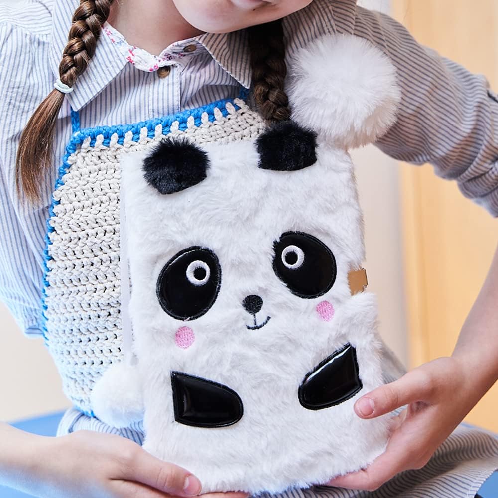 Diario Secreto con Candado - Diseño Panda Blanco con Pelo Suave + Bolígrafo con Pompón
