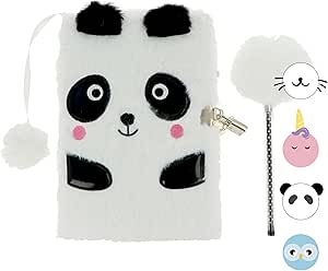 Diario Secreto con Candado - Diseño Panda Blanco con Pelo Suave + Bolígrafo con Pompón