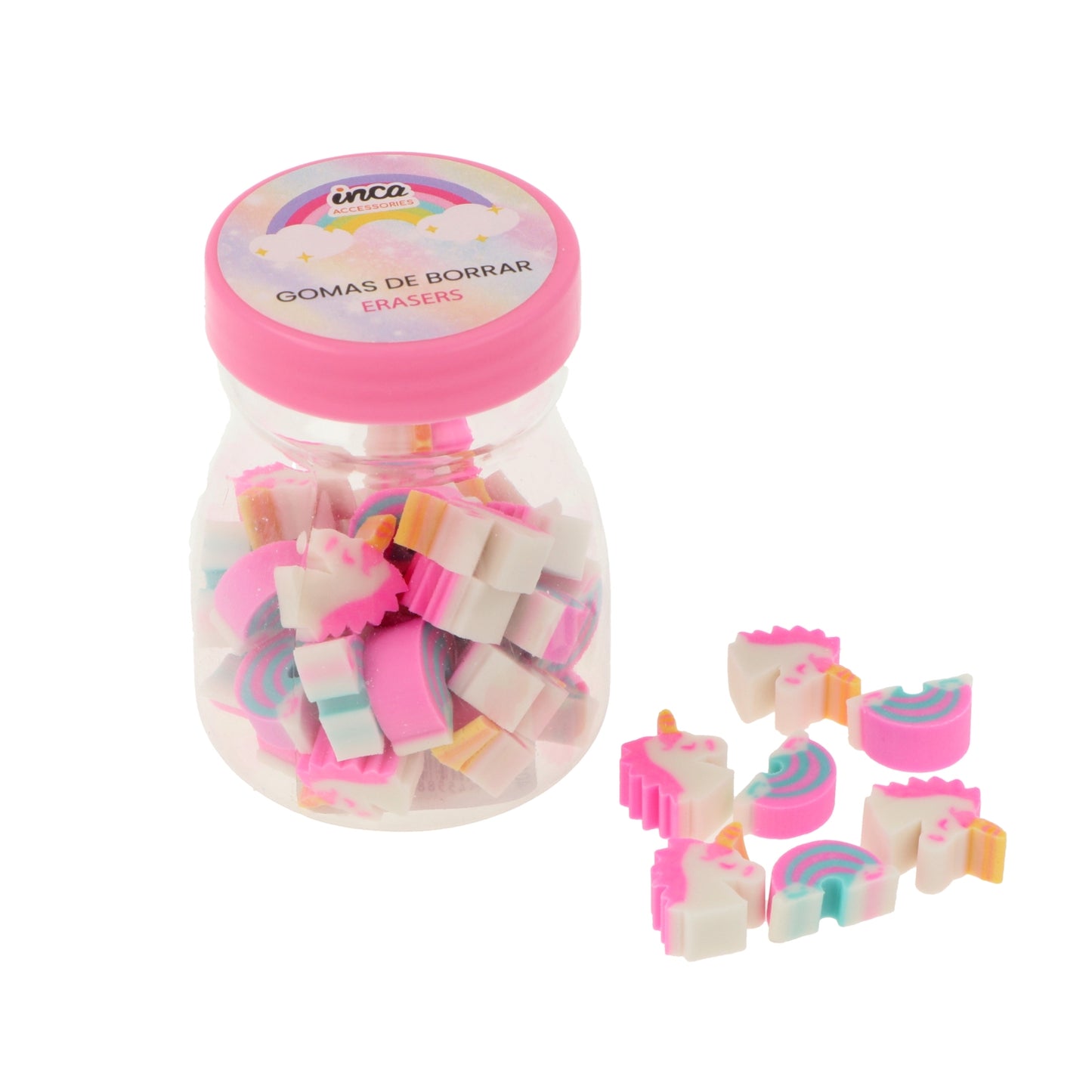 Set de 40 mini gomas de borrar en botecito de plástico