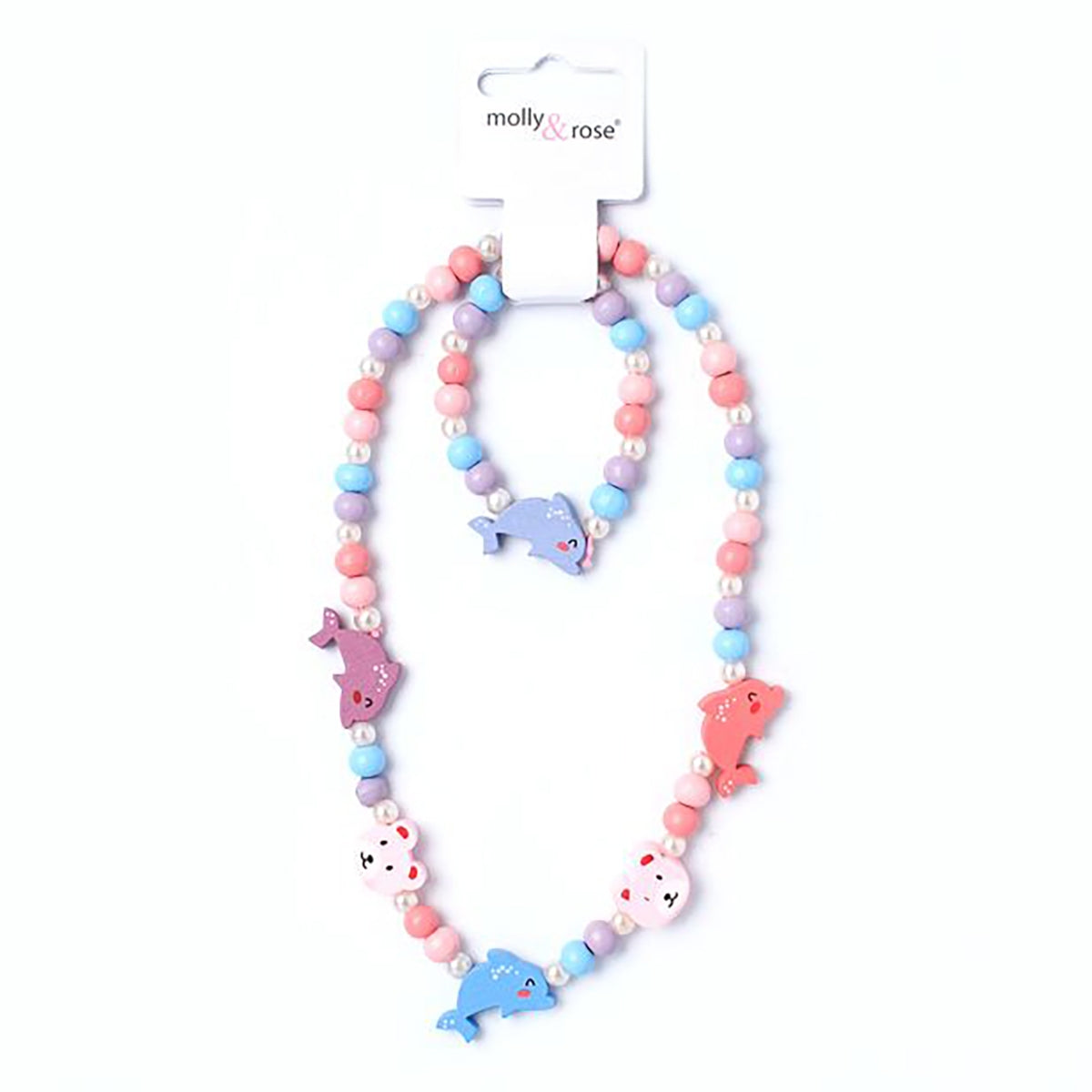 Set de Collar y Pulsera de Madera - Plástico - Delfín y Oso
