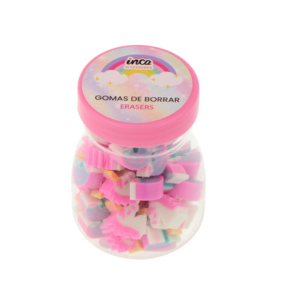 Set de 40 mini gomas de borrar en botecito de plástico