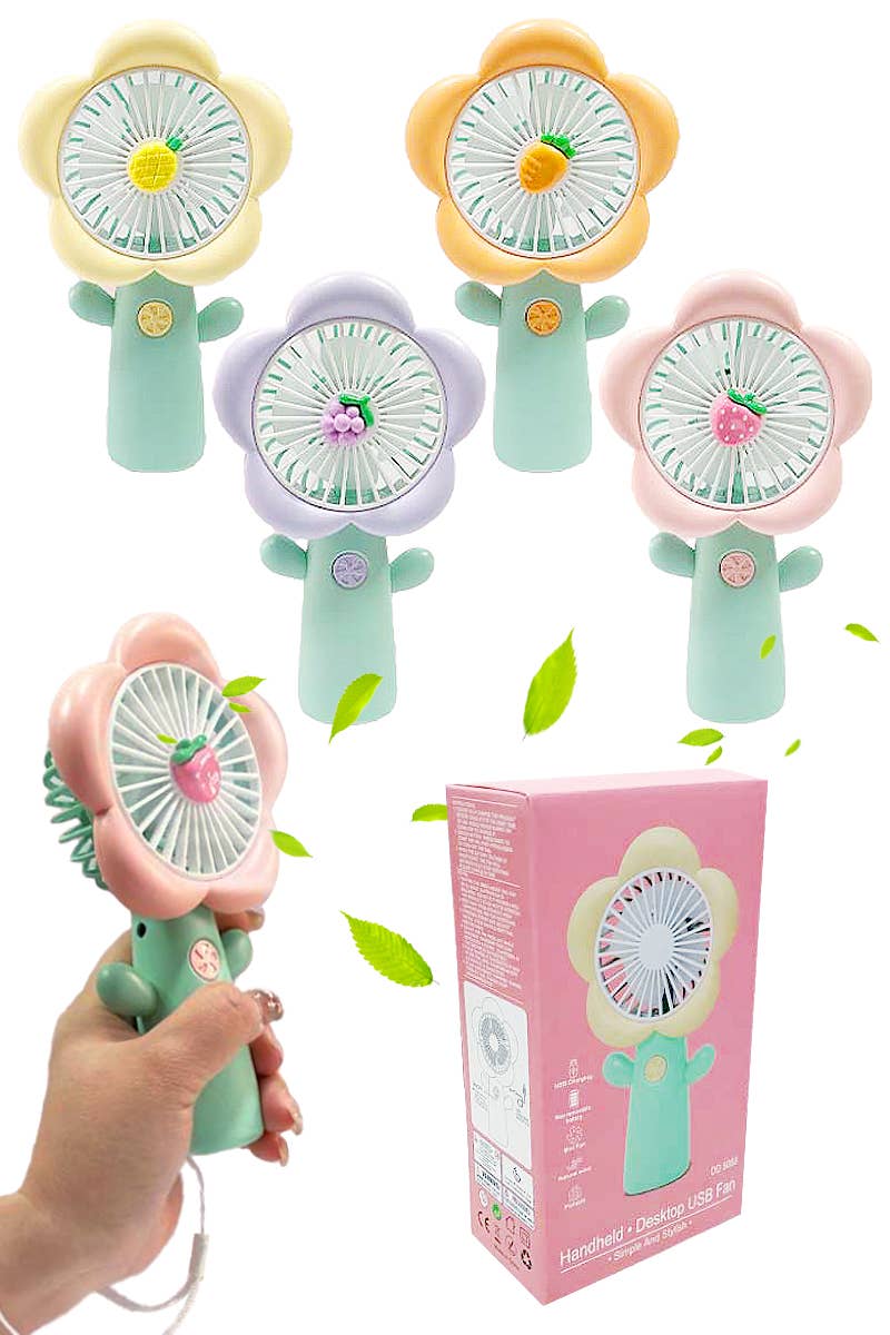 Ventilador eléctrico portátil con pétalos de flores, frutas y pastel