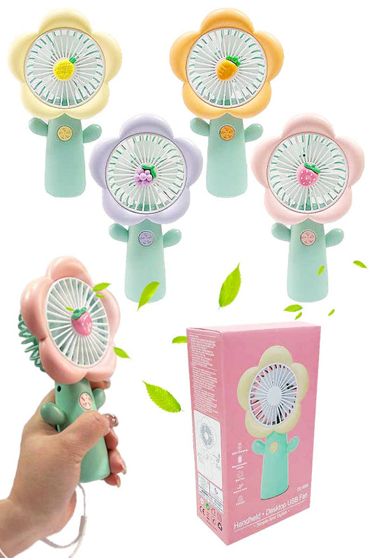 Ventilador eléctrico portátil con pétalos de flores, frutas y pastel