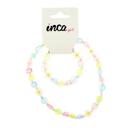 Set collar y pulsera elásticos, corazones y flores