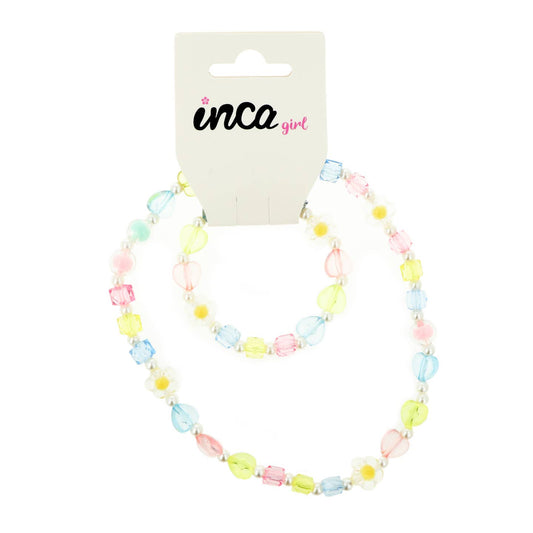 Set collar y pulsera elásticos, corazones y flores
