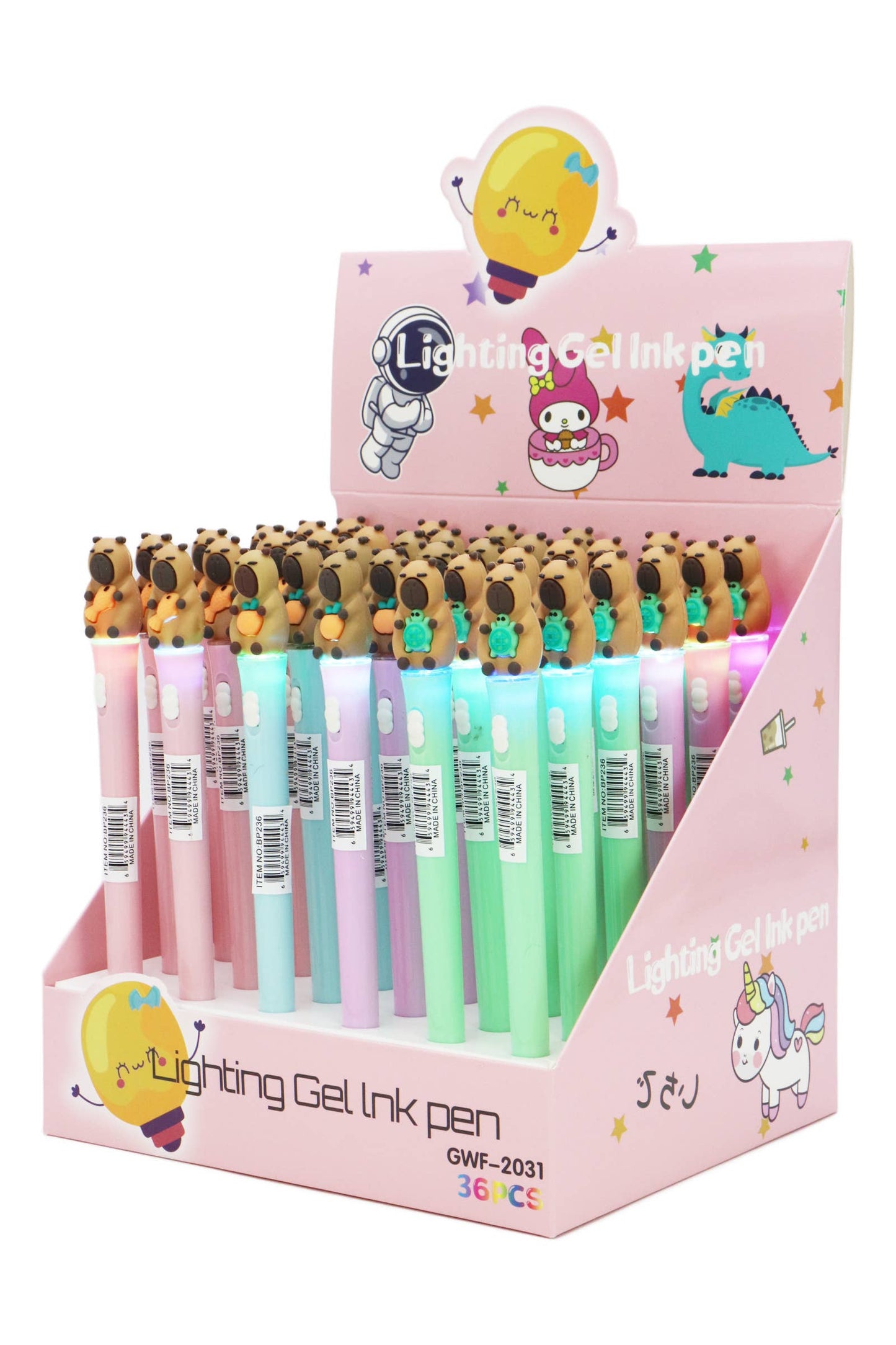 Colección de bolígrafos con luz LED de figuras de capibara - 36 uds