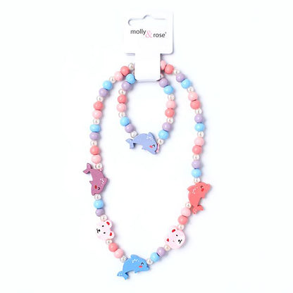 Set de Collar y Pulsera de Madera - Plástico - Delfín y Oso