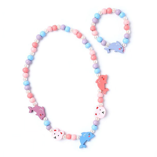 Set de Collar y Pulsera de Madera - Plástico - Delfín y Oso